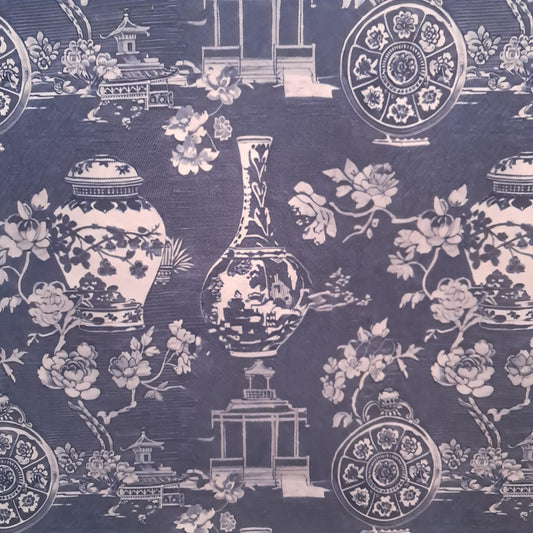 Tecido Para Sofá Linho Sintético Vasos Azuis