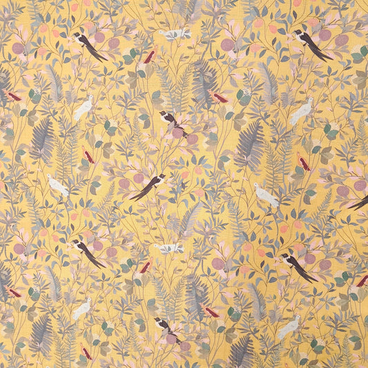Tecido Para Sofá Linho Sintético Pássaros Mostarda