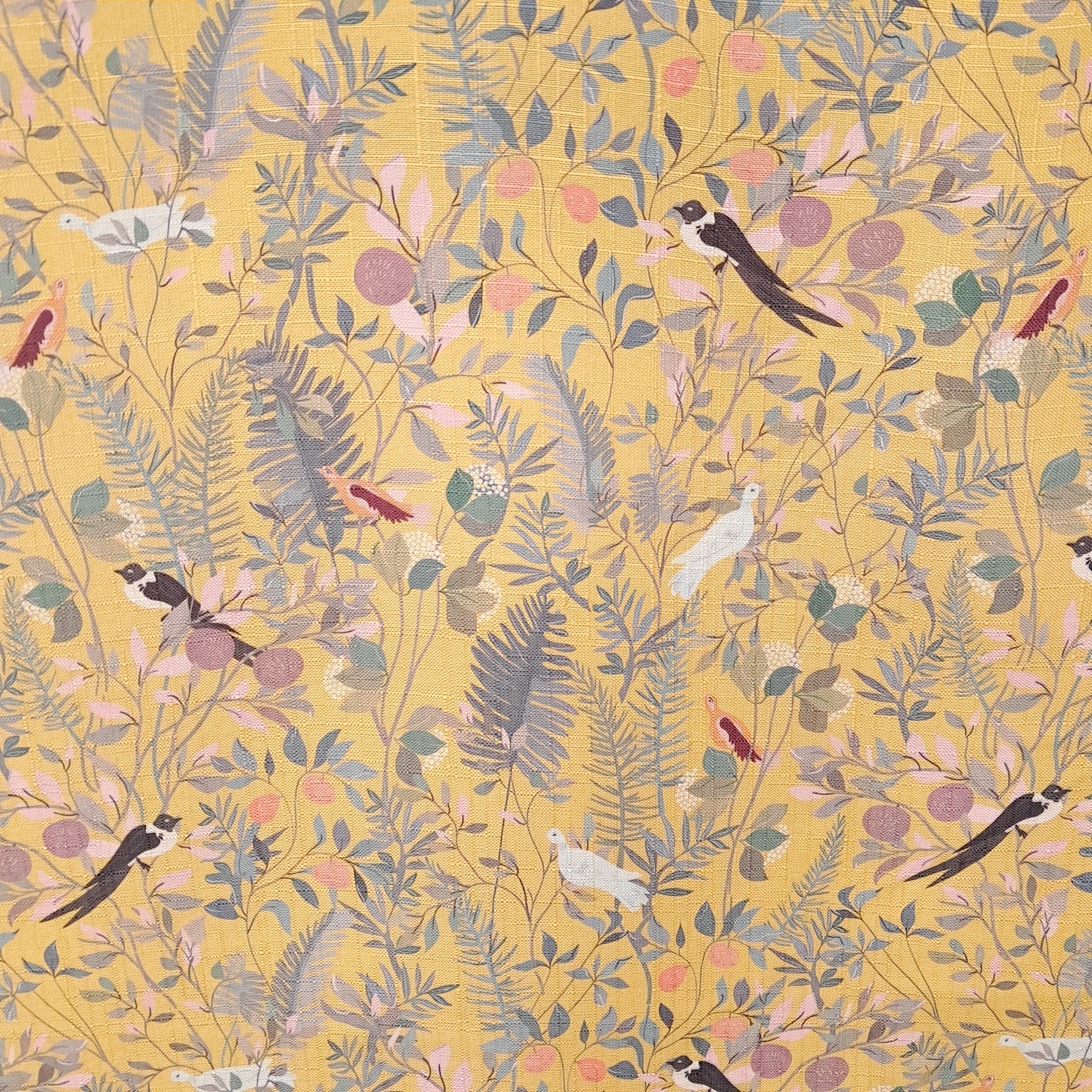 Tecido Para Sofá Linho Sintético Pássaros Mostarda