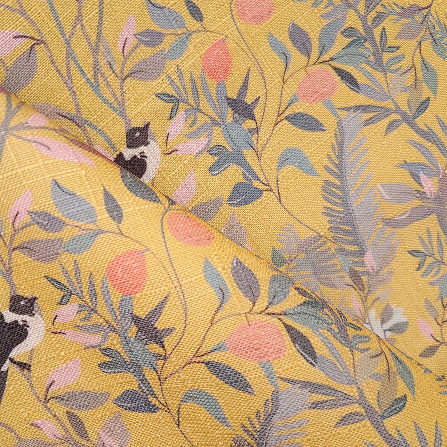 Tecido Para Sofá Linho Sintético Pássaros Mostarda
