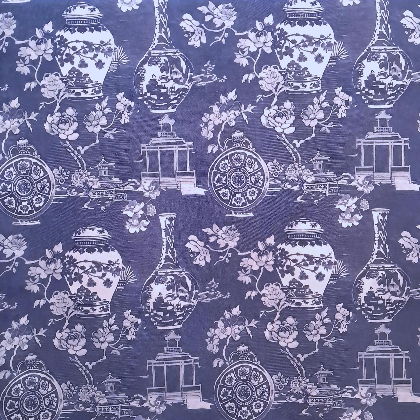 Tecido Para Sofá Linho Sintético Vasos Azuis