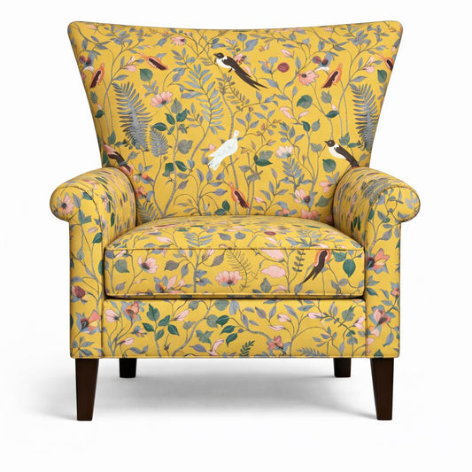 Tecido Para Sofá Linho Sintético Pássaros Mostarda