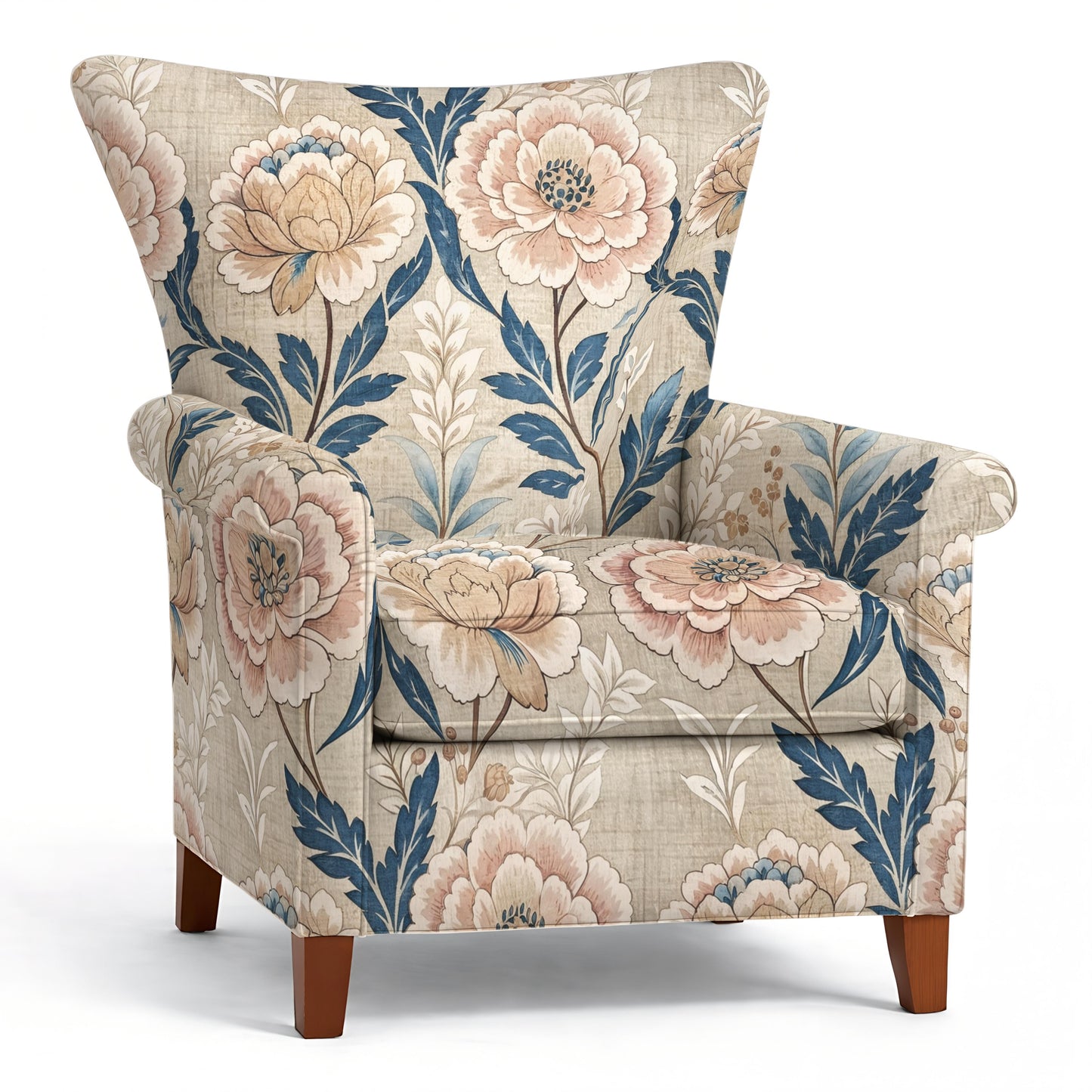 Tecido Para Sofá Linho Sintético Floral Bege com Azul